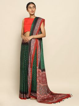 CHOWDHRAIN - Green Modal Silk Ajrakh Printed Saree with Unstitched Blouse