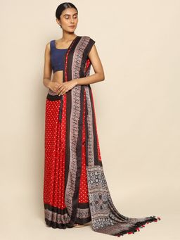 CHOWDHRAIN - Red Modal Silk Ajrakh Printed Saree with Unstitched Blouse