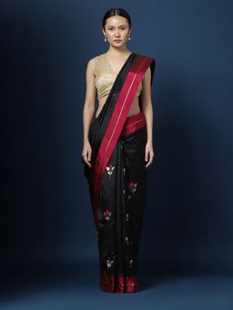 CHOWDHRAIN - Black Silk Chanderi Woven Saree with Unstitched Blouse