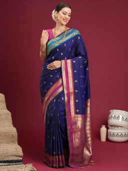 Akhilam - Women's Silk Woven Navy Blue Saree With Unstitched Blouse