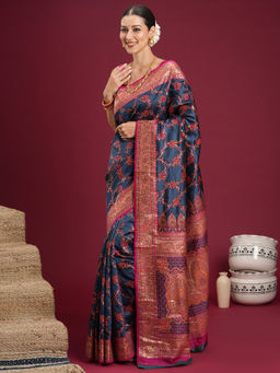 Akhilam - Women's Silk Woven Blue Saree With Unstitched Blouse
