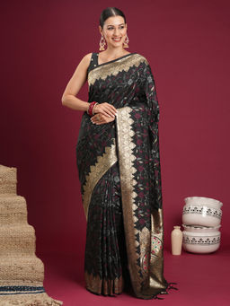 Akhilam - Women Silk Woven Black Saree With Unstitched Blouse