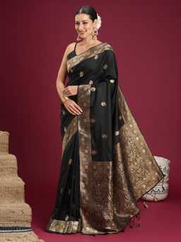 Akhilam - Women's Silk Woven Black Saree With Unstitched Blouse