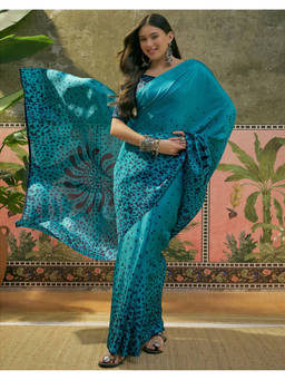 SATRANI - Women's Khadi Printed Blue Saree With Unstitched Blouse