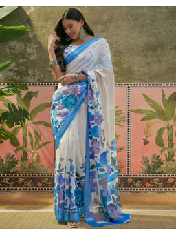 SATRANI - Women Linen Floral White Saree With Unstitched Blouse