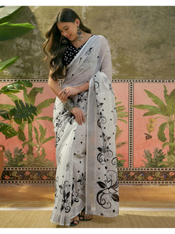 SATRANI - Women's Linen Printed Off White Saree With Unstitched Blouse