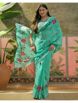 SATRANI - Women's Linen Floral Green Saree With Unstitched Blouse