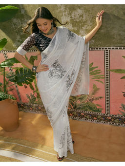 SATRANI - Women Floral White Saree With Unstitched Blouse