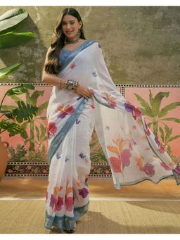 SATRANI - Women's Linen Floral White Saree With Unstitched Blouse