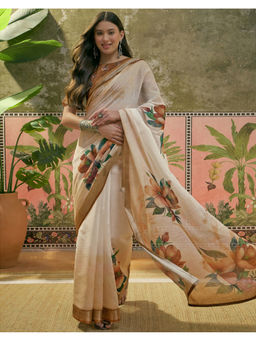 SATRANI - Women's Linen Floral Beige Saree With Unstitched Blouse