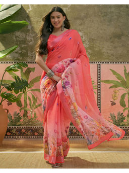SATRANI - Women Linen Floral Pink Saree With Unstitched Blouse
