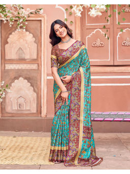 SATRANI - Women Silk Printed Blue Saree With Unstitched Blouse