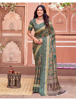 SATRANI - Women Silk Printed Green Saree With Unstitched Blouse