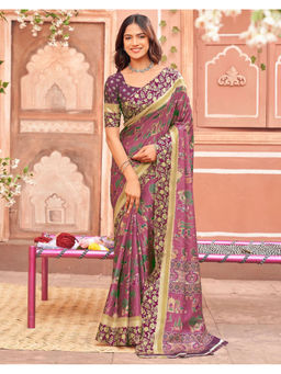 SATRANI - Women Silk Printed Purple Saree With Unstitched Blouse