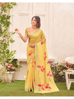 SATRANI - Women's Floral Yellow Saree With Unstitched Blouse