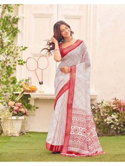SATRANI - Women's Linen White Saree With Unstitched Blouse