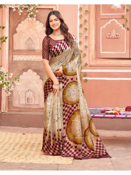 SATRANI - Women's Printed Beige Saree With Unstitched Blouse
