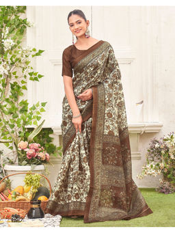 SATRANI - Women's Khadi Floral Beige Saree With Unstitched Blouse