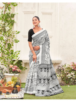 SATRANI - Women's Khadi Printed Off White Saree With Unstitched Blouse