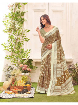 SATRANI - Women's Khadi Printed Brown Saree With Unstitched Blouse
