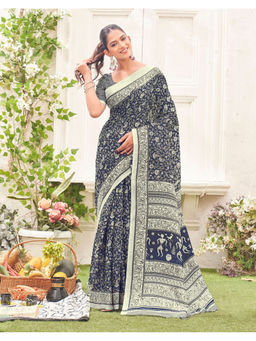 SATRANI - Women Khadi Printed Navy Blue Saree With Unstitched Blouse