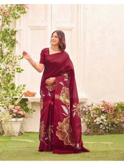 SATRANI - Women's Khadi Floral Maroon Saree With Unstitched Blouse