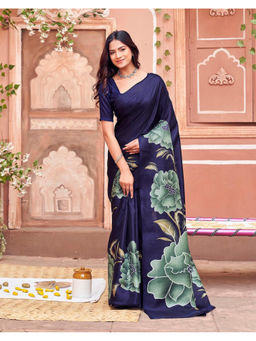 SATRANI - Women's Khadi Floral Navy Blue Saree With Unstitched Blouse