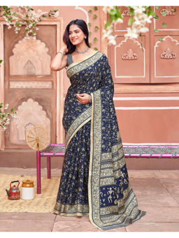 SATRANI - Women's Khadi Printed Navy Blue Saree With Unstitched Blouse