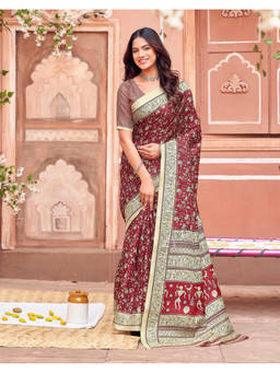 SATRANI - Women's Khadi Printed Red Saree With Unstitched Blouse