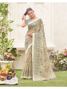 SATRANI - Women Khadi Printed Beige Saree With Unstitched Blouse