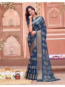 SATRANI - Women's Silk Printed Blue Saree With Unstitched Blouse