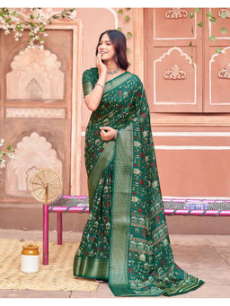 SATRANI - Women's Printed Green Saree With Unstitched Blouse