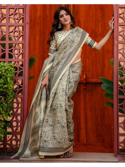 SATRANI - Women's Khadi Printed Beige Saree With Unstitched Blouse