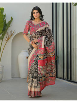 SATRANI - Women's Silk Printed Black Saree With Unstitched Blouse