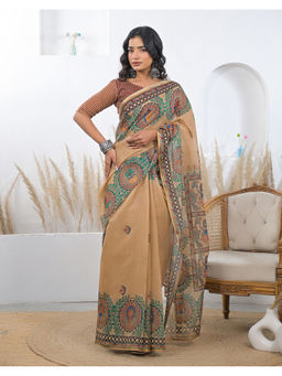 SATRANI - Women Linen Printed Brown Saree With Unstitched Blouse