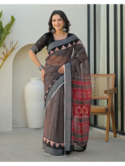 SATRANI - Women's Linen Stripes Black Saree With Unstitched Blouse