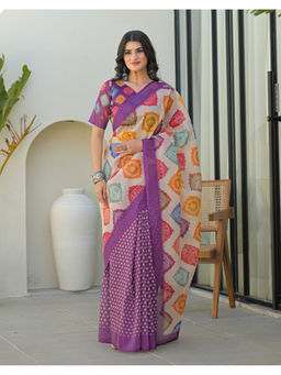 SATRANI - Women's Silk Printed Purple Saree With Unstitched Blouse