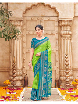 SATRANI - Women Georgette Printed Green Saree With Unstitched Blouse