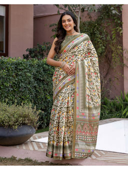 SATRANI - Women's Silk Printed Green Saree With Unstitched Blouse