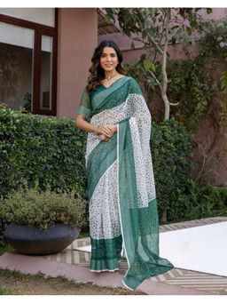 SATRANI - Women's Linen Geometric White Saree With Unstitched Blouse