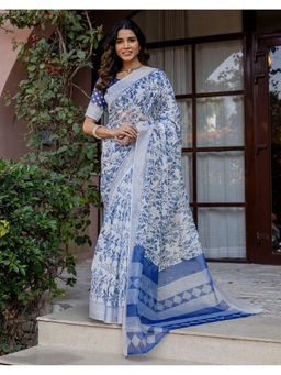 SATRANI - Women Linen Printed White Saree With Unstitched Blouse