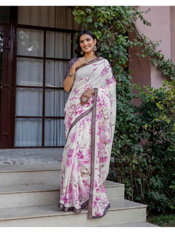 SATRANI - Women's Silk Floral Off White Saree With Unstitched Blouse