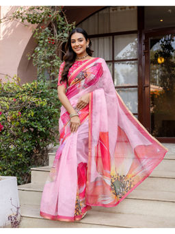 SATRANI - Women's Linen Floral Pink Saree With Unstitched Blouse