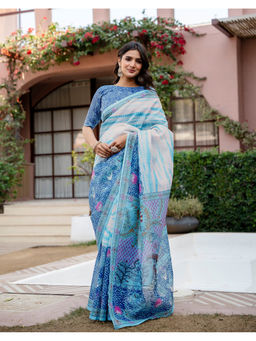 SATRANI - Women's Printed Off White Saree With Unstitched Blouse