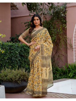 SATRANI - Women's Linen Floral Yellow Saree With Unstitched Blouse