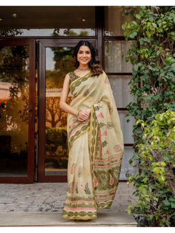 SATRANI - Women's Linen Printed Beige Saree With Unstitched Blouse