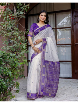 SATRANI - Women's Linen Printed White Saree With Unstitched Blouse