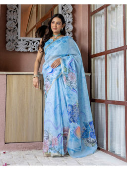 SATRANI - Women's Linen Floral Blue Saree With Unstitched Blouse