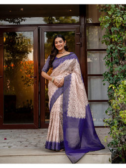 SATRANI - Women's Silk Printed Cream Saree With Unstitched Blouse