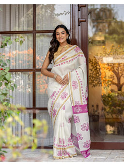 SATRANI - Women's Silk Printed Off White Saree With Unstitched Blouse